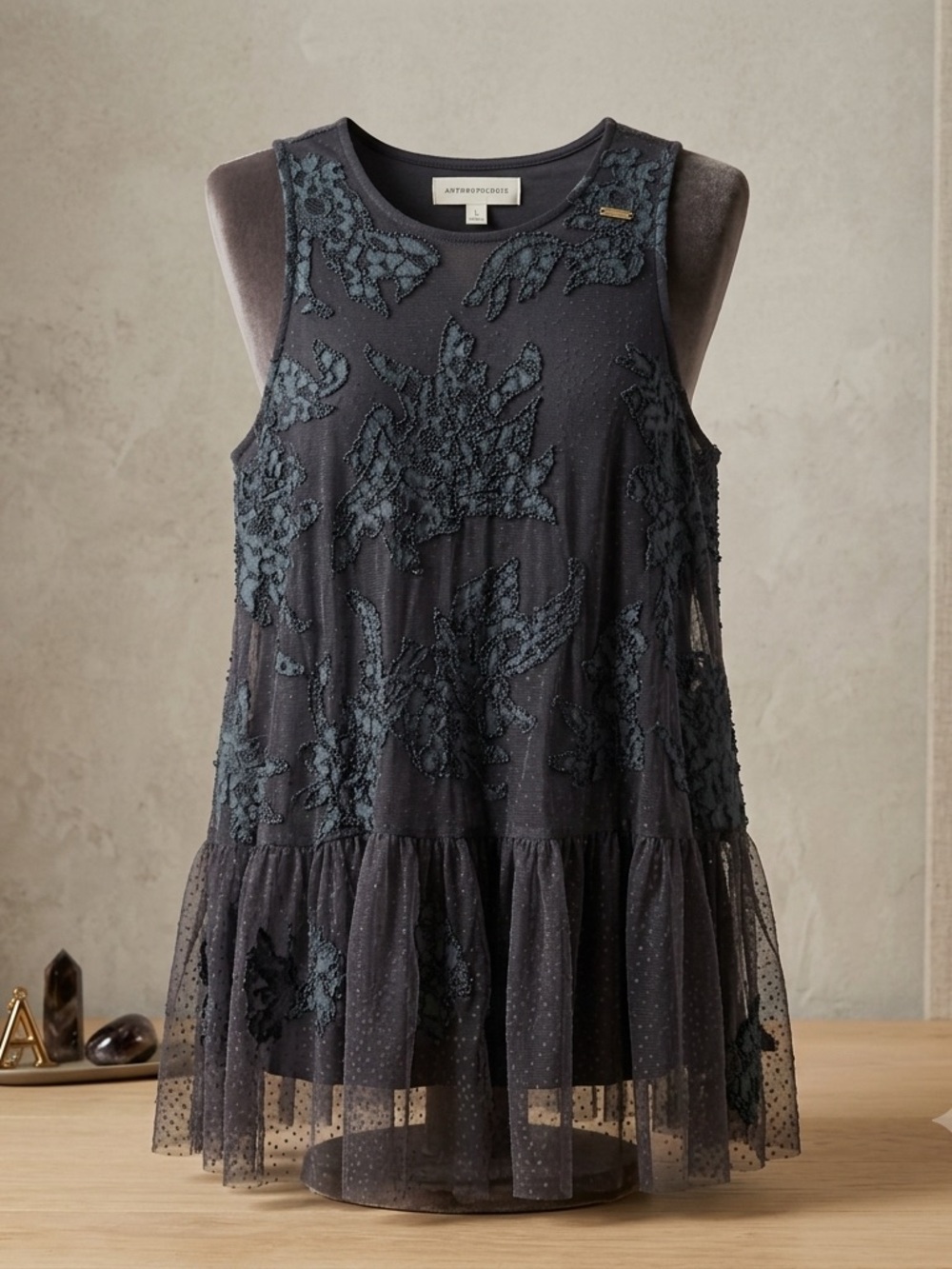 Anthropologie Charcoal Floral Lace Tiered Mesh Camisole